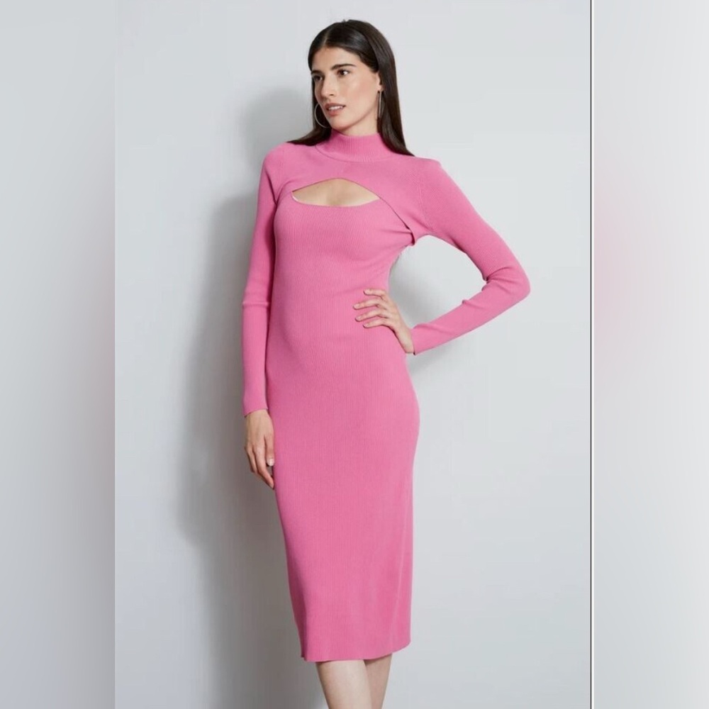 Elegant Pink Women's Dress XL Elie Tahari Ribbed Mock Turtleneck Midi Dress NWT